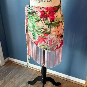 TiniBikini Tropical palm Print Pink Fringe swim Wrap/Cover Up sarong NWT